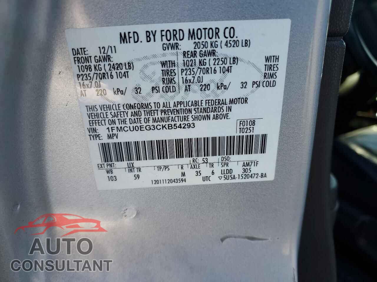FORD ESCAPE 2012 - 1FMCU0EG3CKB54293