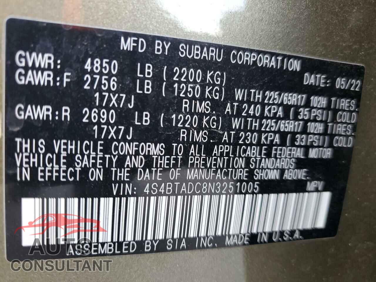 SUBARU OUTBACK 2022 - 4S4BTADC8N3251005