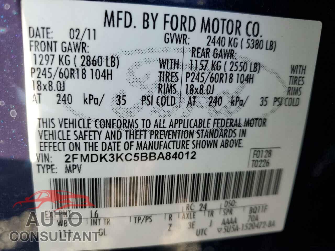 FORD EDGE 2011 - 2FMDK3KC5BBA84012