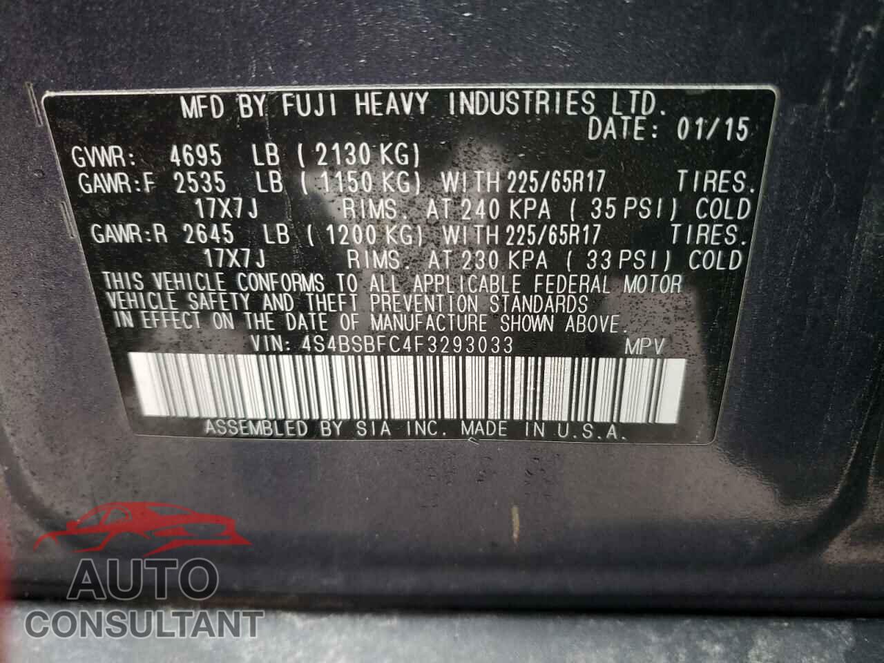 SUBARU OUTBACK 2015 - 4S4BSBFC4F3293033