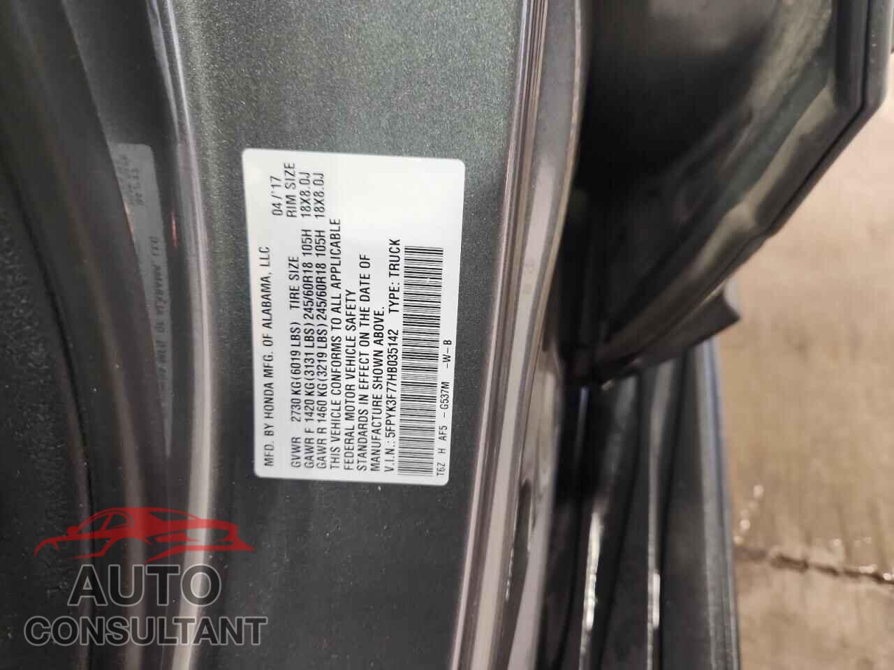 HONDA RIDGELINE 2017 - 5FPYK3F77HB035142