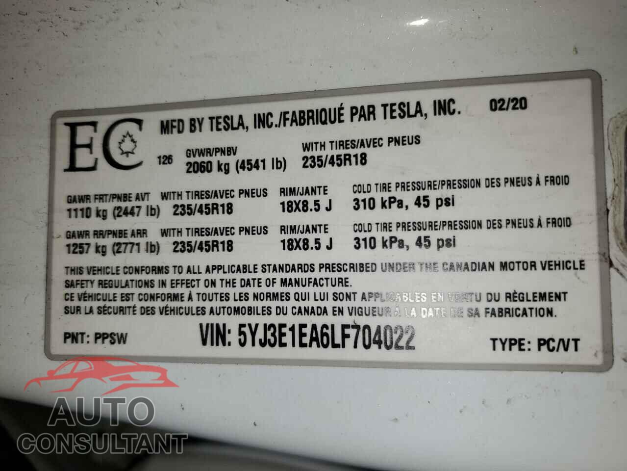 TESLA MODEL 3 2020 - 5YJ3E1EA6LF704022