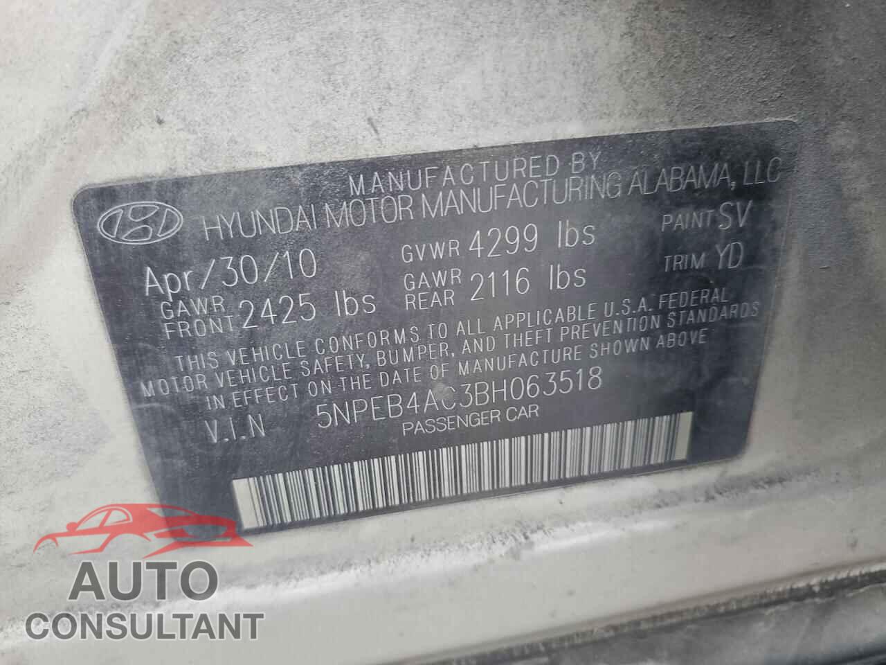 HYUNDAI SONATA 2011 - 5NPEB4AC3BH063518