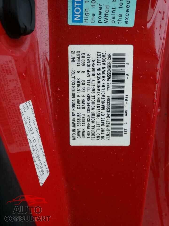 HONDA CRZ 2012 - JHMZF1D41CS003358