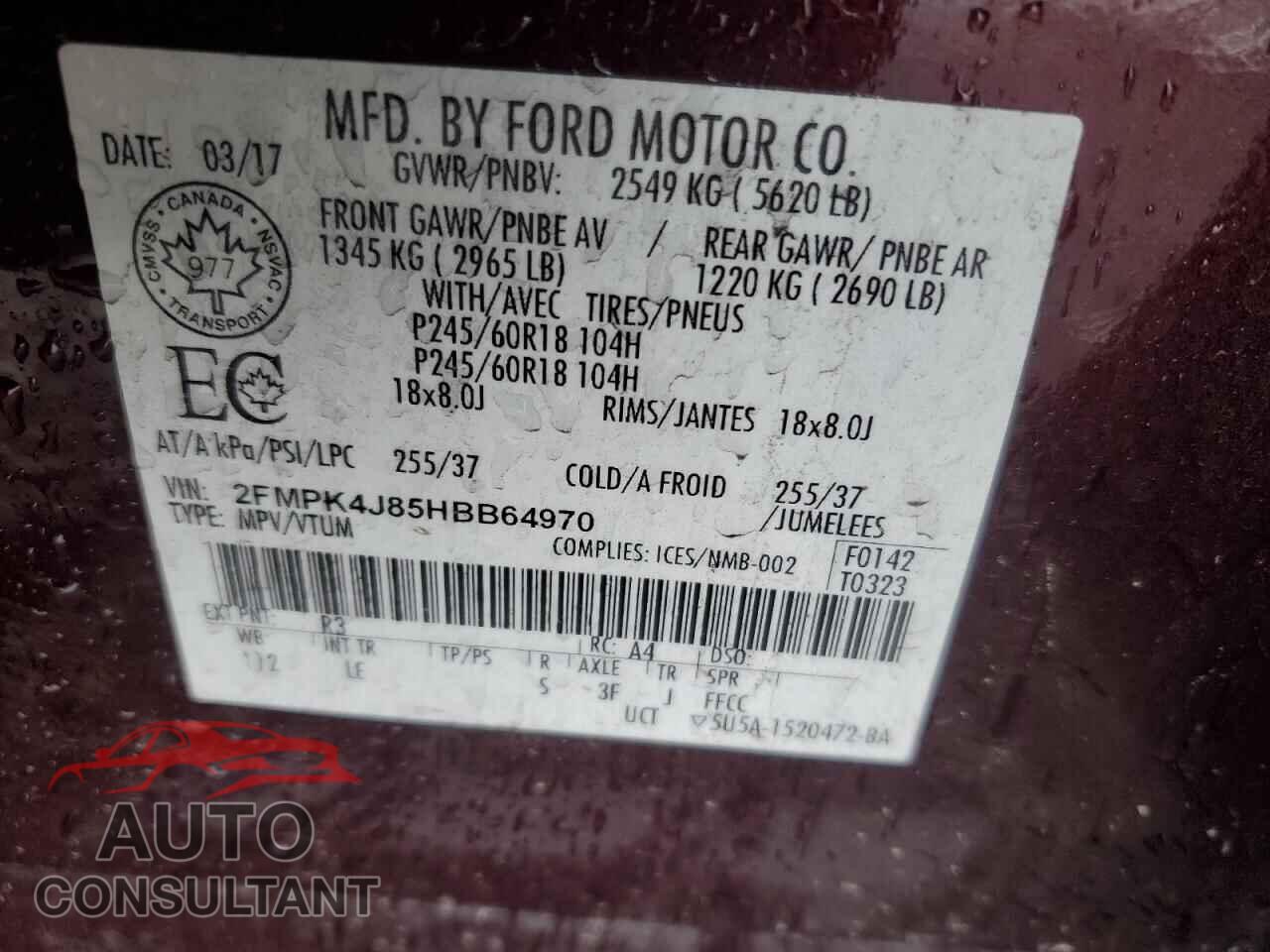 FORD EDGE 2017 - 2FMPK4J85HBB64970