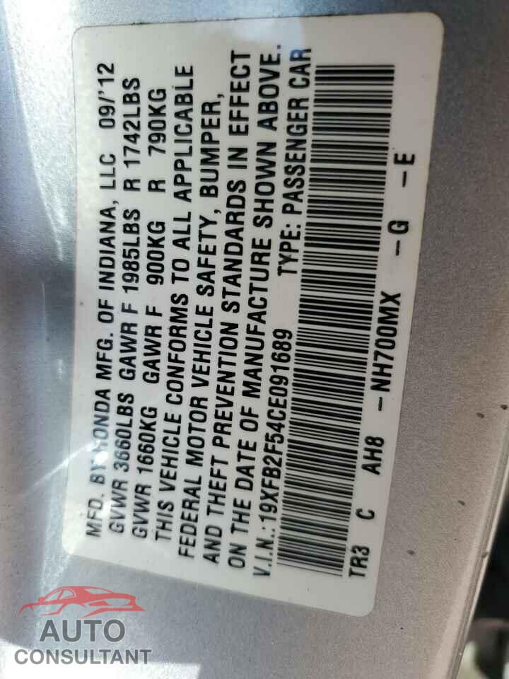 HONDA CIVIC 2012 - 19XFB2F54CE091689