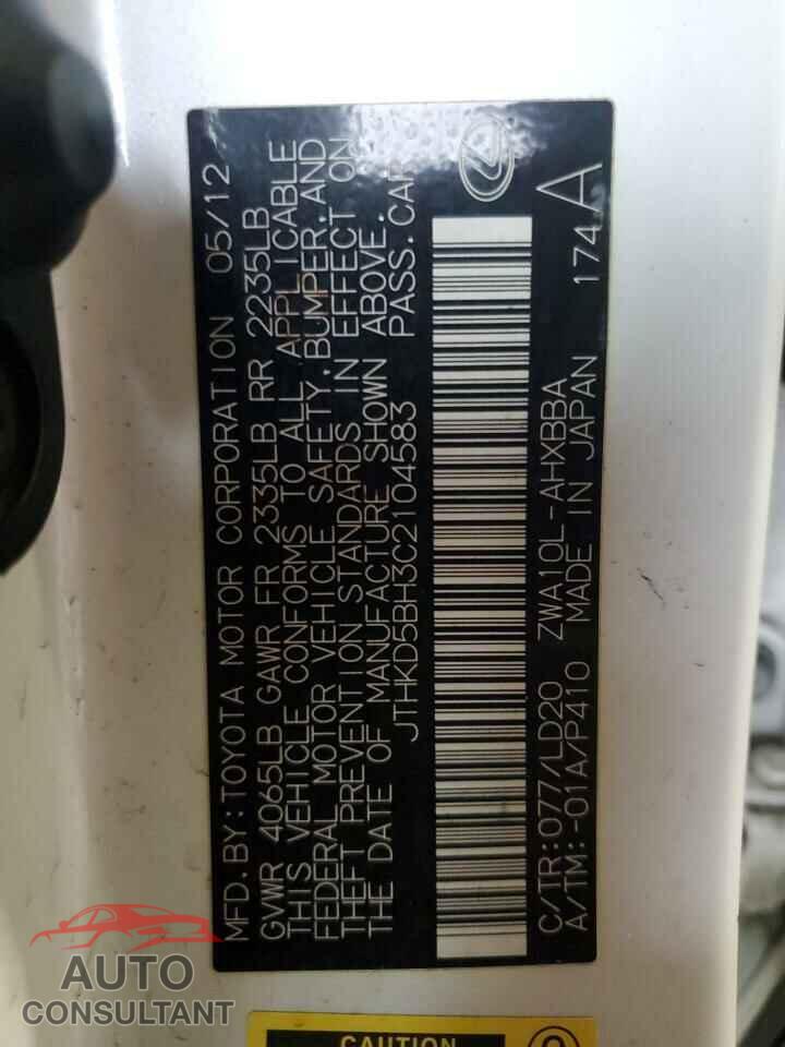 LEXUS CT 200 2012 - JTHKD5BH3C2104583