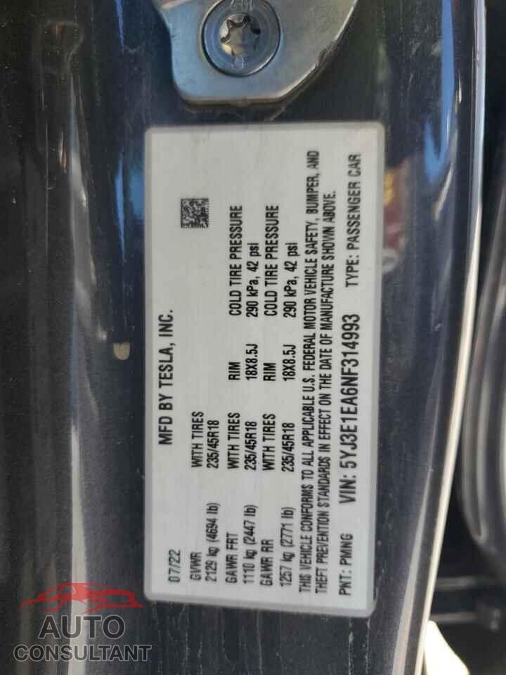 TESLA MODEL 3 2022 - 5YJ3E1EA6NF314993