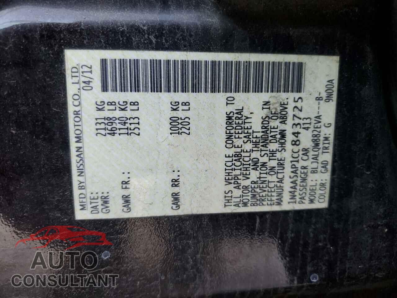 NISSAN MAXIMA 2012 - 1N4AA5AP1CC843725