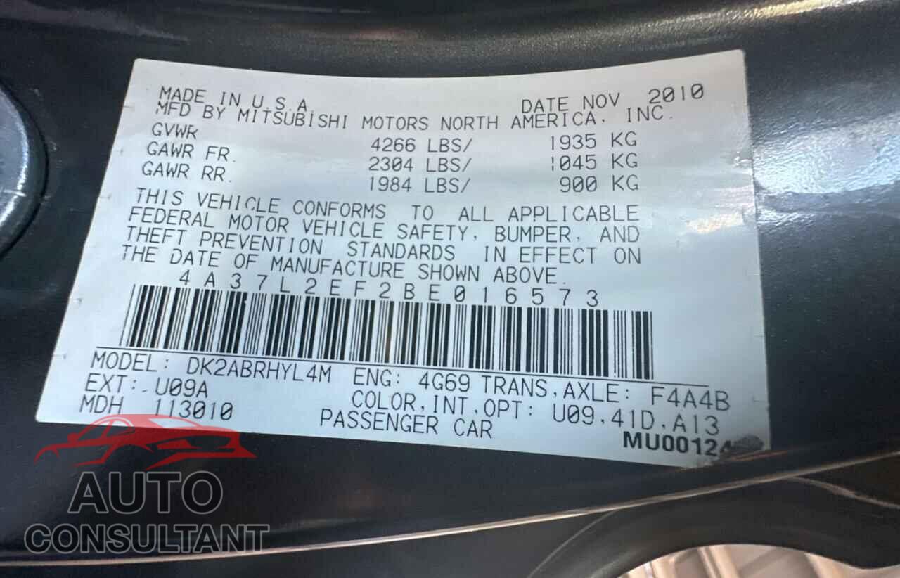MITSUBISHI ECLIPSE 2011 - 4A37L2EF2BE016573