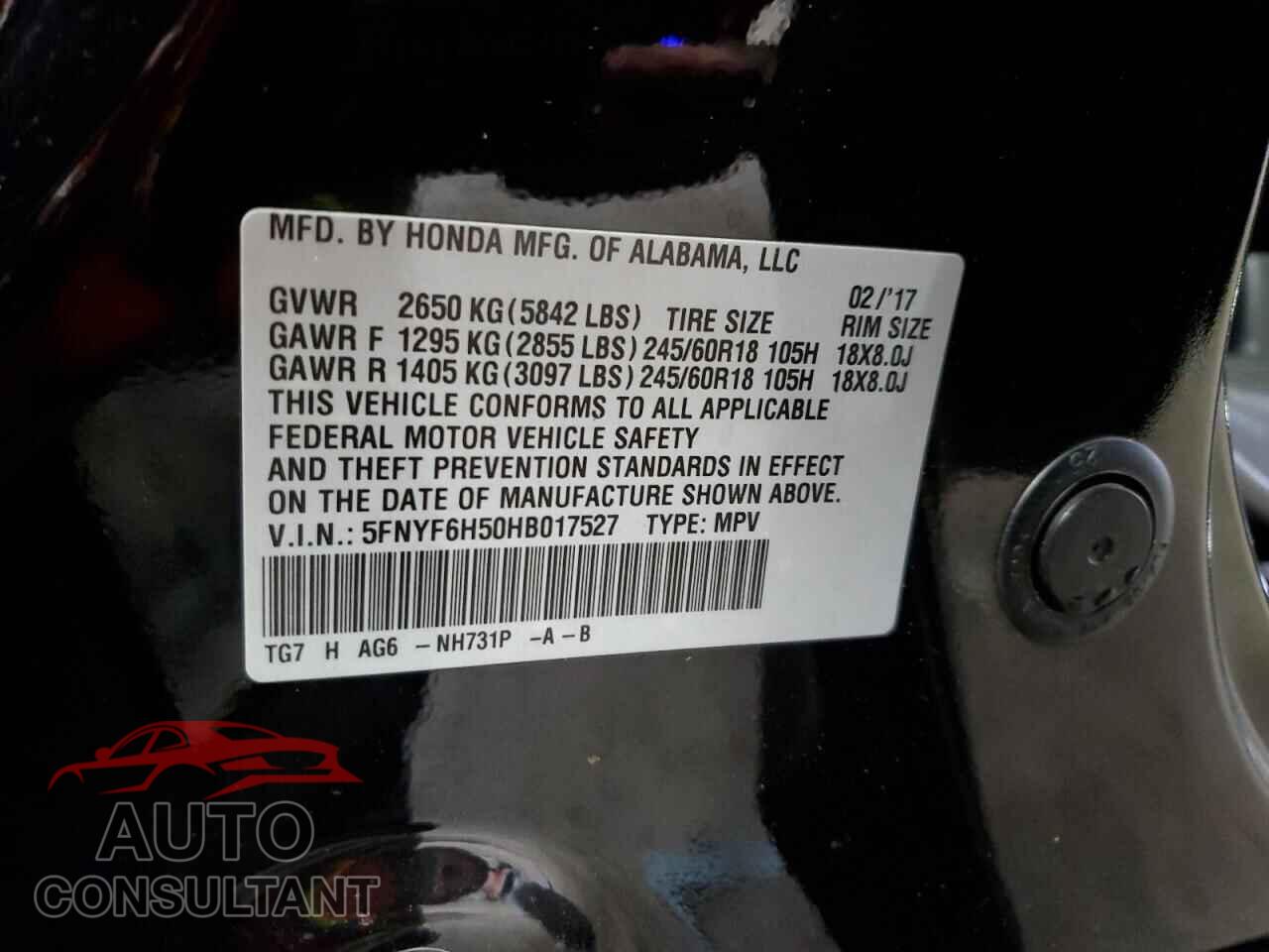 HONDA PILOT 2017 - 5FNYF6H50HB017527