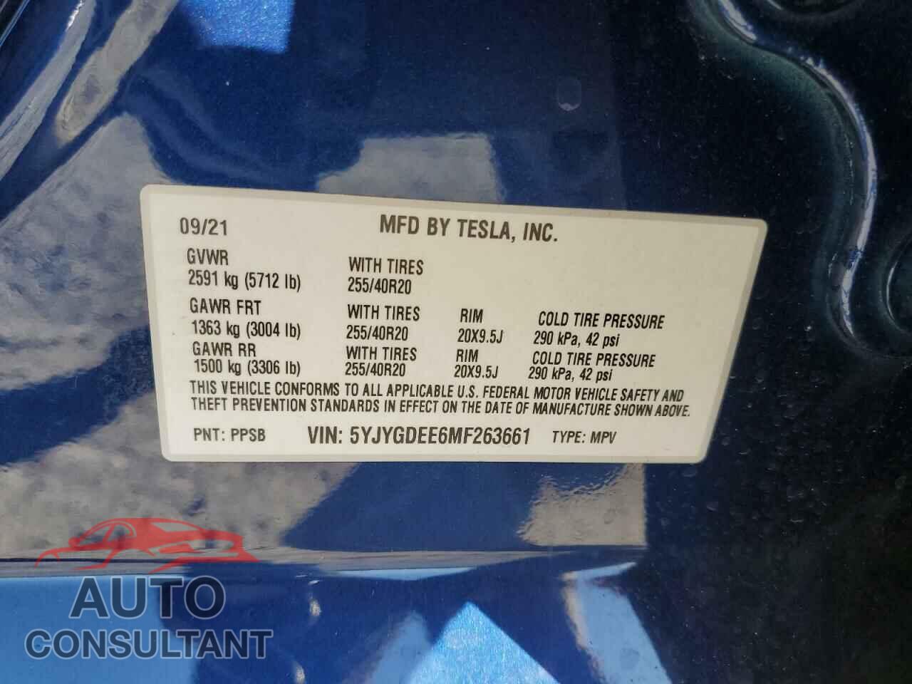 TESLA MODEL Y 2021 - 5YJYGDEE6MF263661