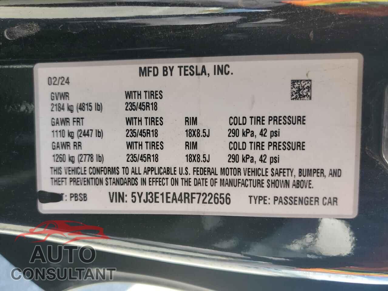 TESLA MODEL 3 2024 - 5YJ3E1EA4RF722656
