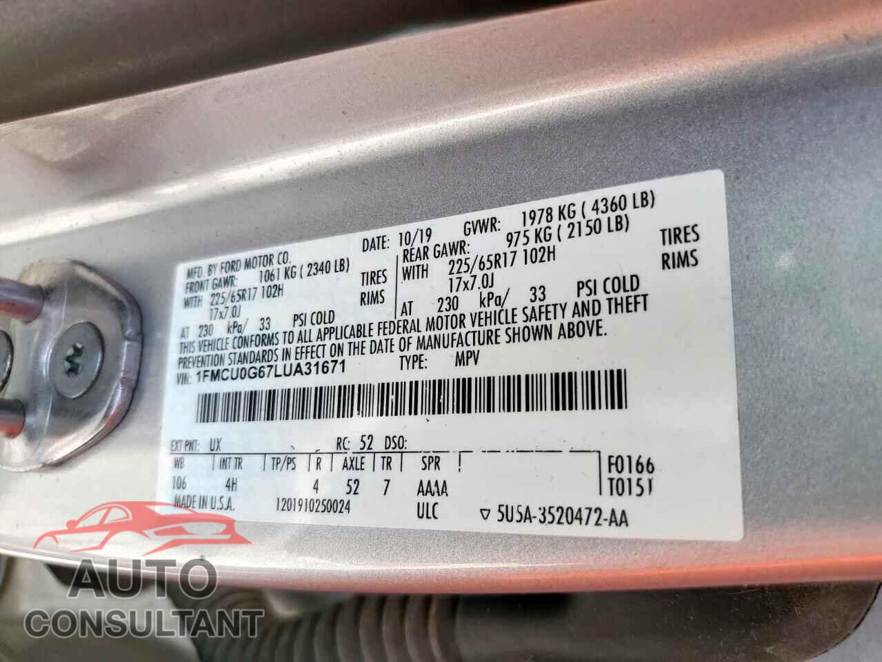FORD ESCAPE 2020 - 1FMCU0G67LUA31671