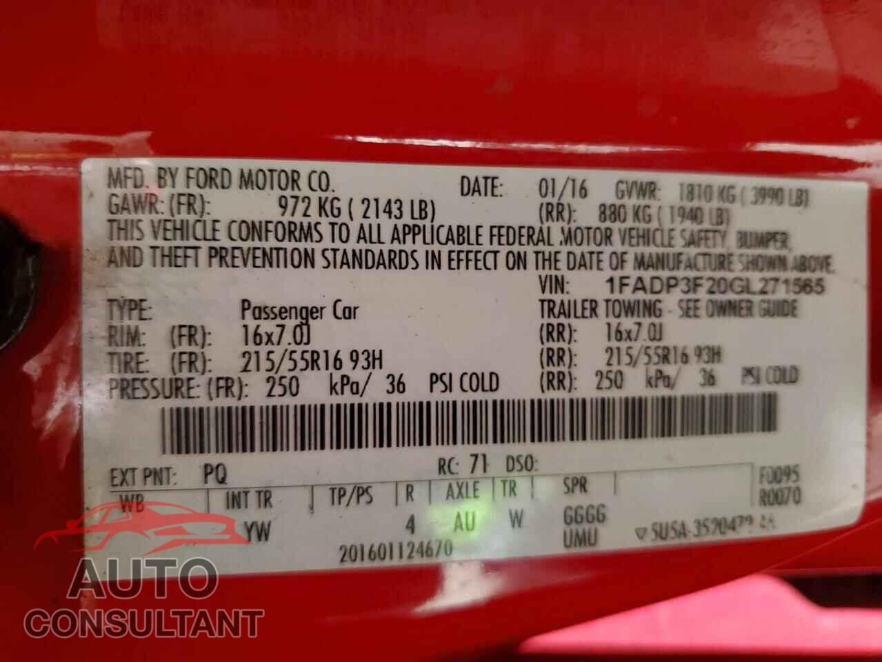 FORD FOCUS 2016 - 1FADP3F20GL271565