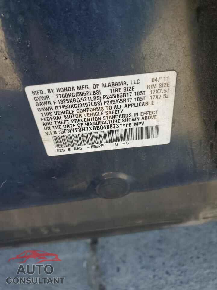 HONDA PILOT 2011 - 5FNYF3H7XBB048873
