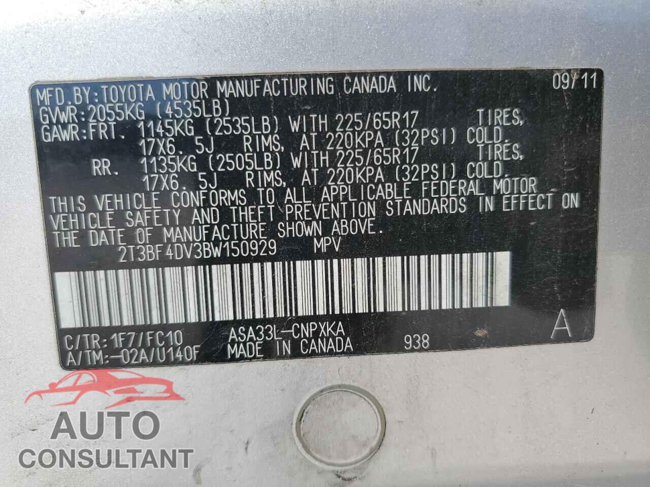 TOYOTA RAV4 2011 - 2T3BF4DV3BW150929