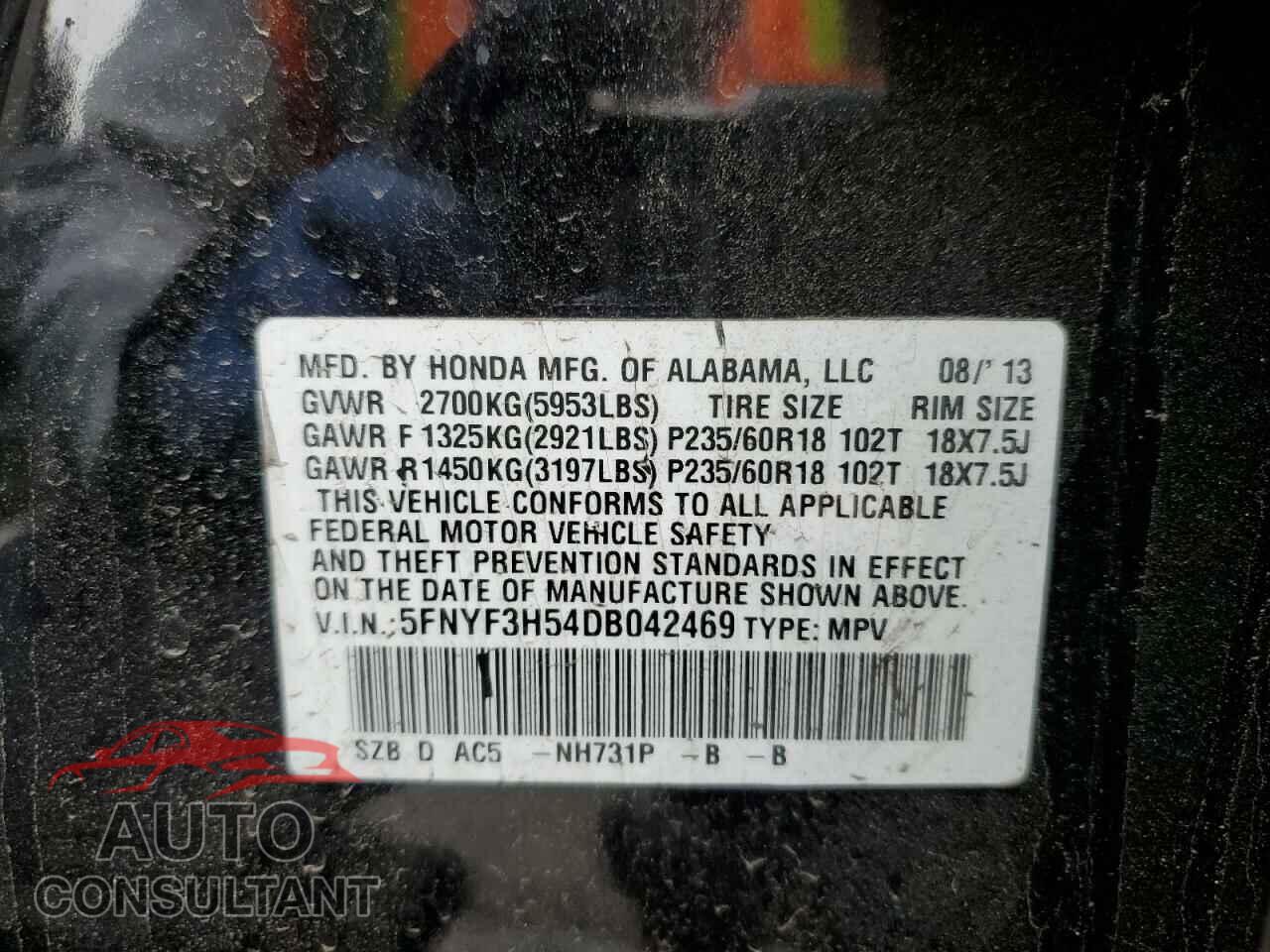 HONDA PILOT 2013 - 5FNYF3H54DB042469