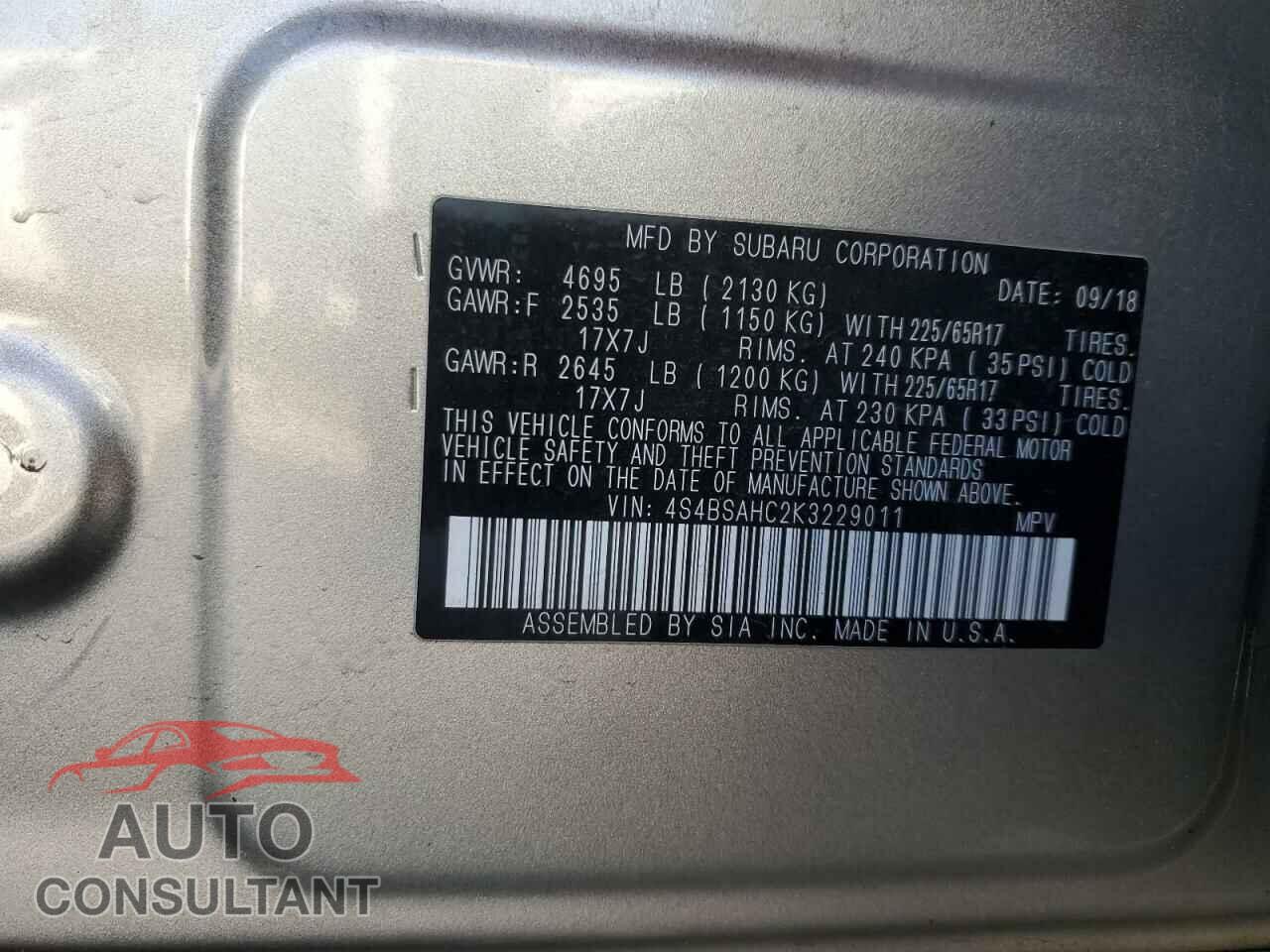 SUBARU OUTBACK 2019 - 4S4BSAHC2K3229011