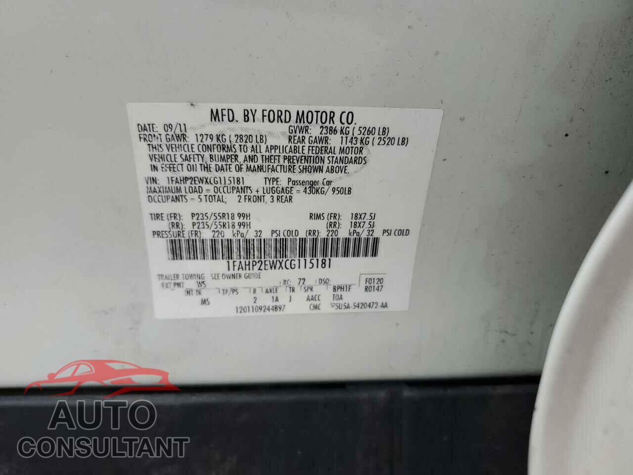 FORD TAURUS 2012 - 1FAHP2EWXCG115181