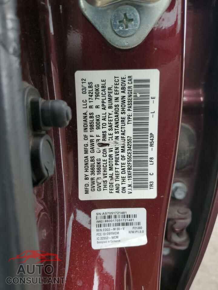 HONDA CIVIC 2012 - 19XFB2F55CE342557