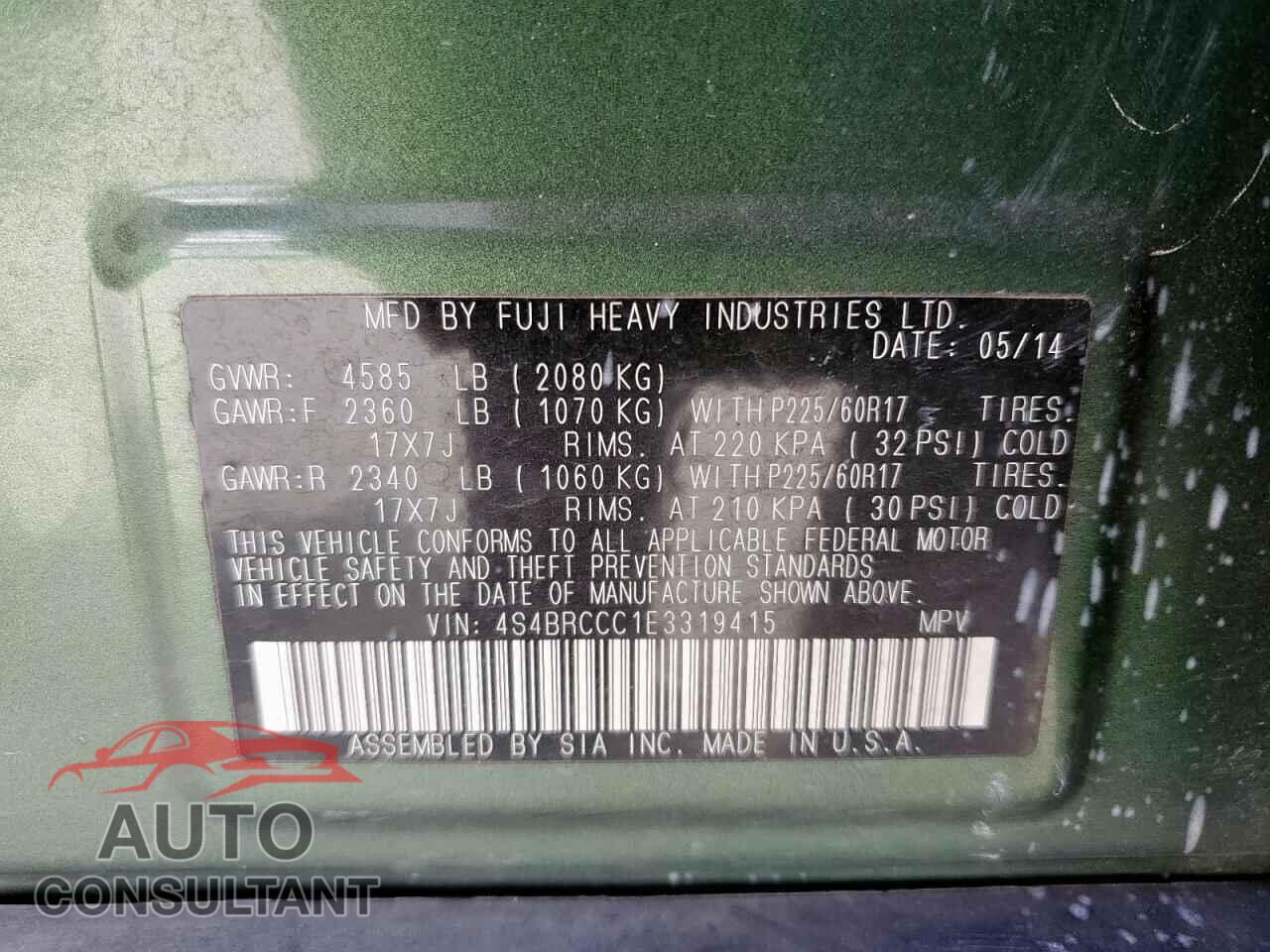 SUBARU OUTBACK 2014 - 4S4BRCCC1E3319415