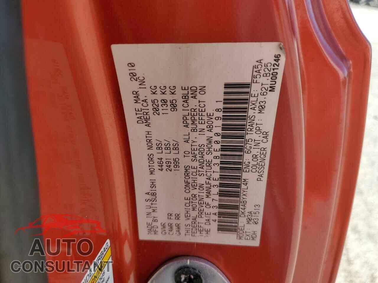 MITSUBISHI ECLIPSE 2011 - 4A37L3ET3BE001981