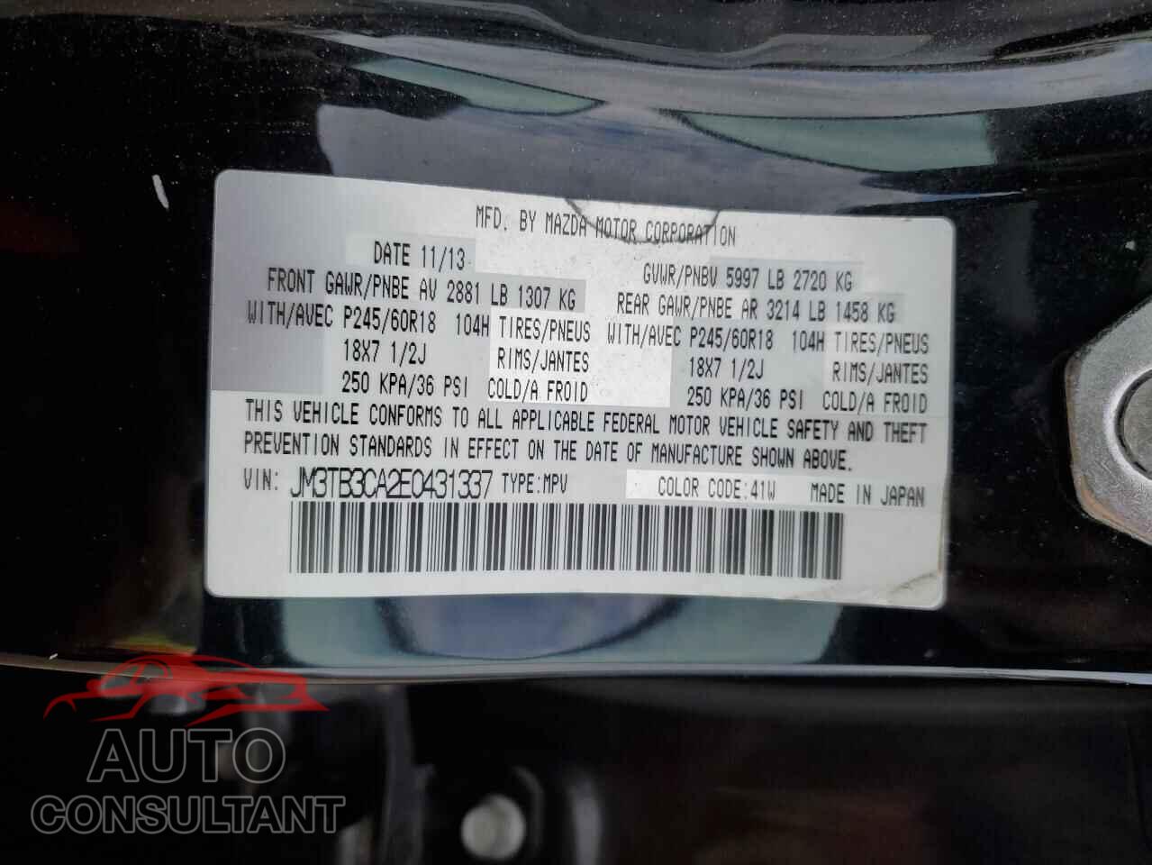 MAZDA CX-9 2014 - JM3TB3CA2E0431337