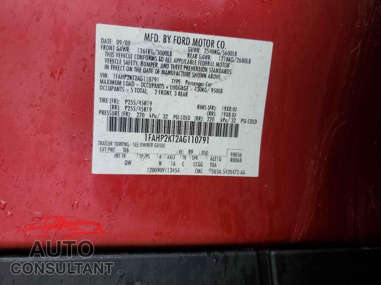 FORD TAURUS 2010 - 1FAHP2KT2AG110791