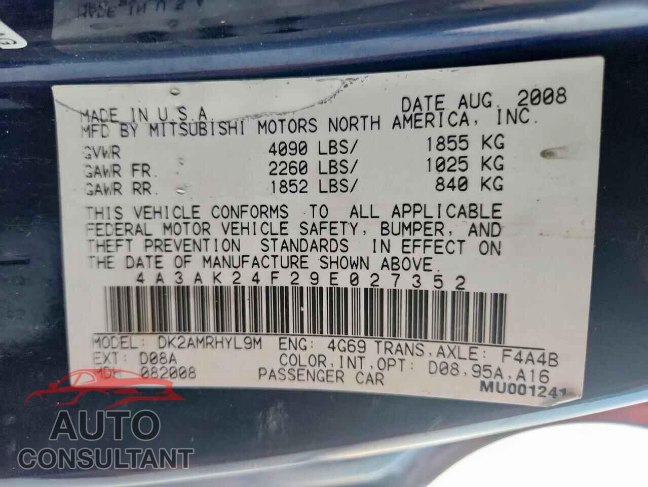 MITSUBISHI ECLIPSE 2009 - 4A3AK24F29E027352