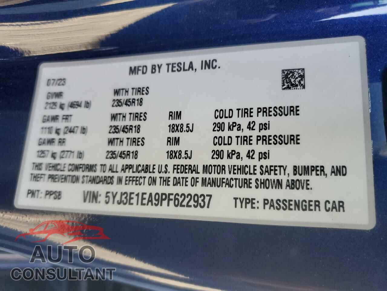 TESLA MODEL 3 2023 - 5YJ3E1EA9PF622937