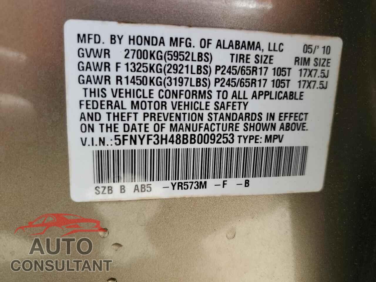 HONDA PILOT 2011 - 5FNYF3H48BB009253