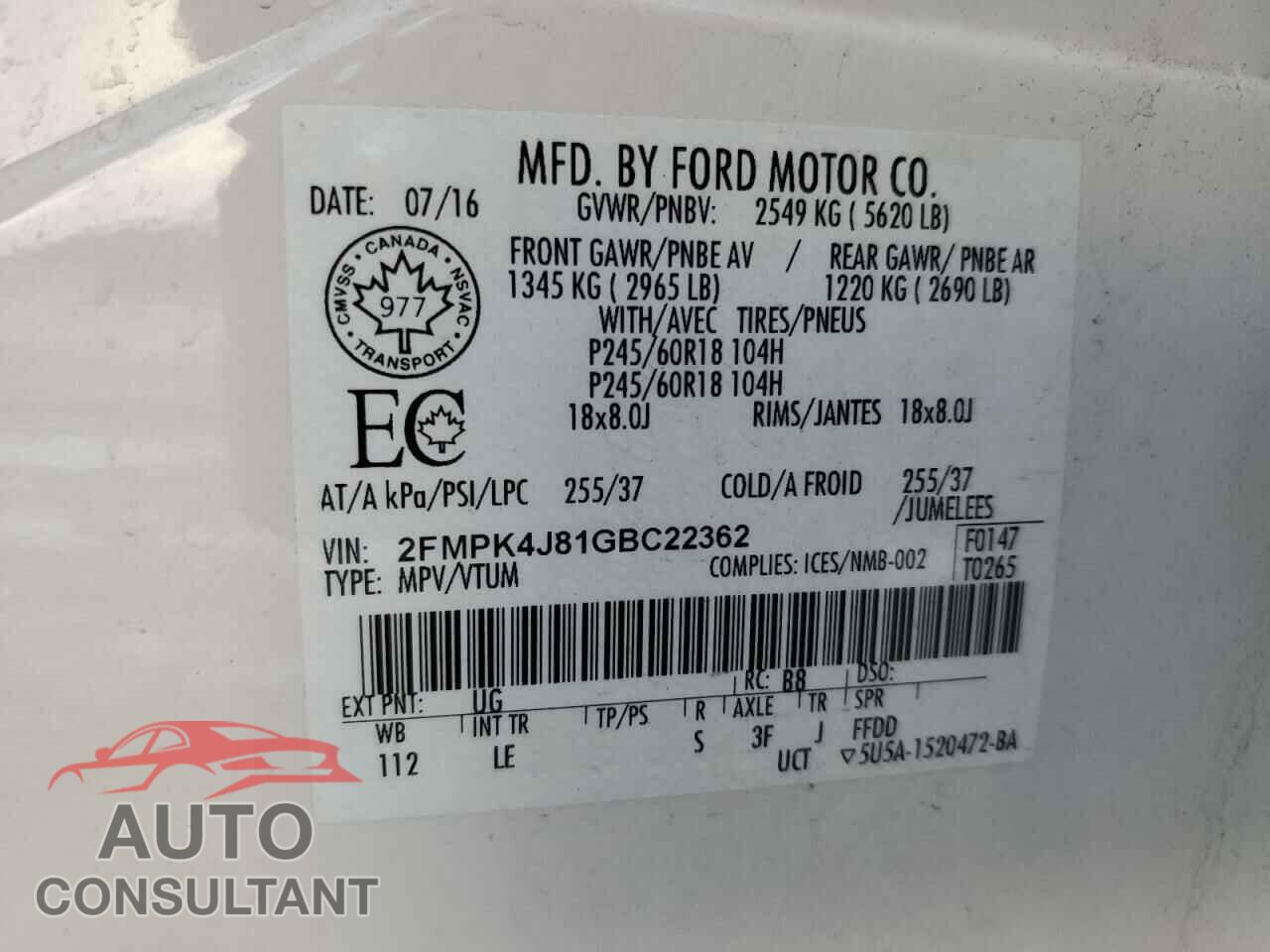 FORD EDGE 2016 - 2FMPK4J81GBC22362
