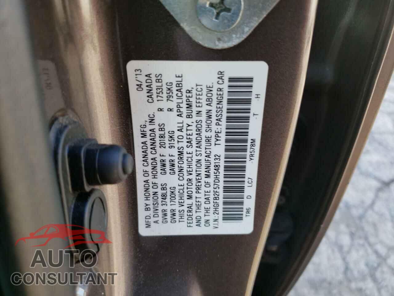 HONDA CIVIC 2013 - 2HGFB2F57DH548132