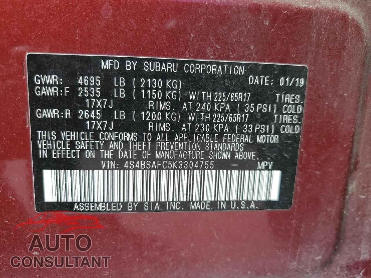 SUBARU OUTBACK 2019 - 4S4BSAFC5K3304755