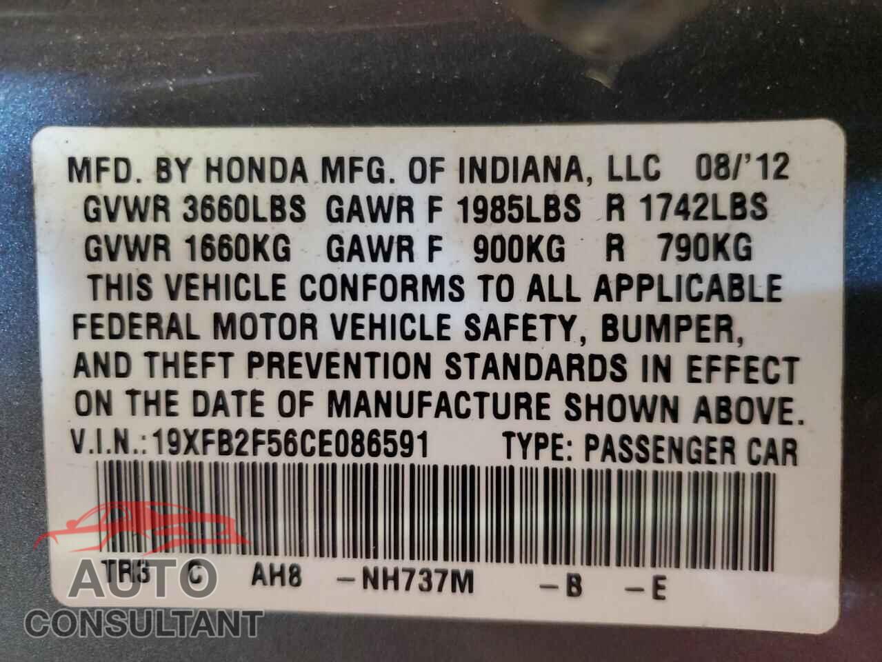 HONDA CIVIC 2012 - 19XFB2F56CE086591