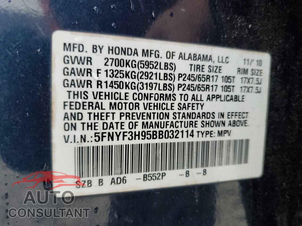 HONDA PILOT 2011 - 5FNYF3H95BB032114