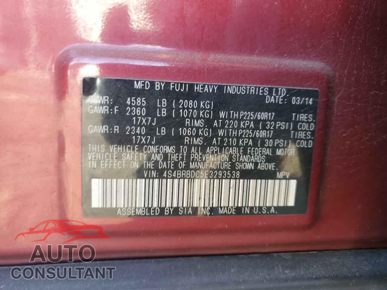SUBARU OUTBACK 2014 - 4S4BRBDC5E3293538
