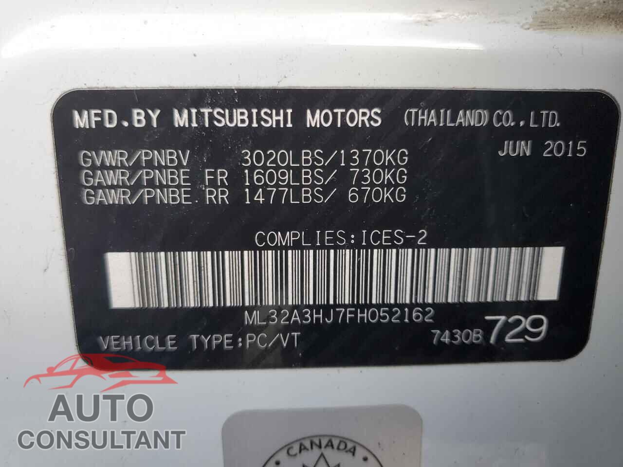 MITSUBISHI MIRAGE 2015 - ML32A3HJ7FH052162