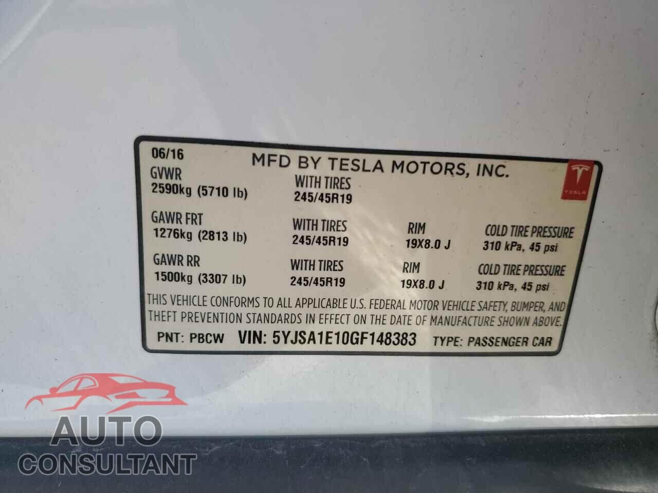 TESLA MODEL S 2016 - 5YJSA1E10GF148383