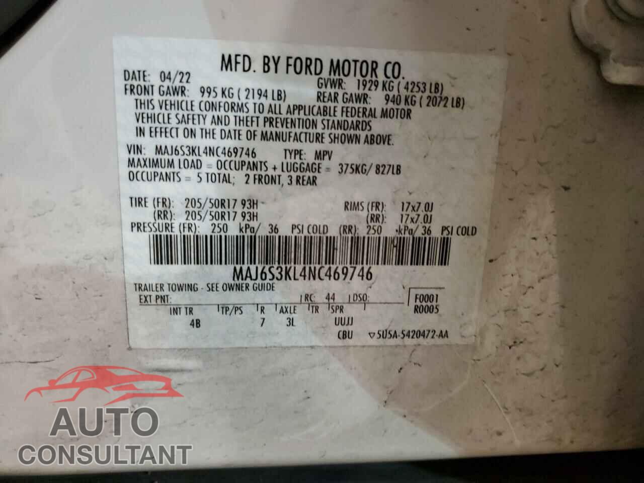 FORD ECOSPORT 2022 - MAJ6S3KL4NC469746