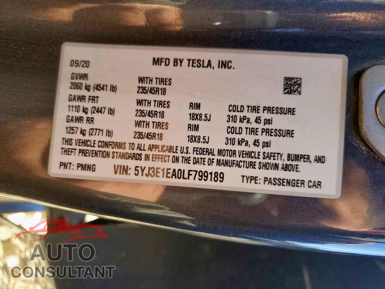 TESLA MODEL 3 2020 - 5YJ3E1EA0LF799189
