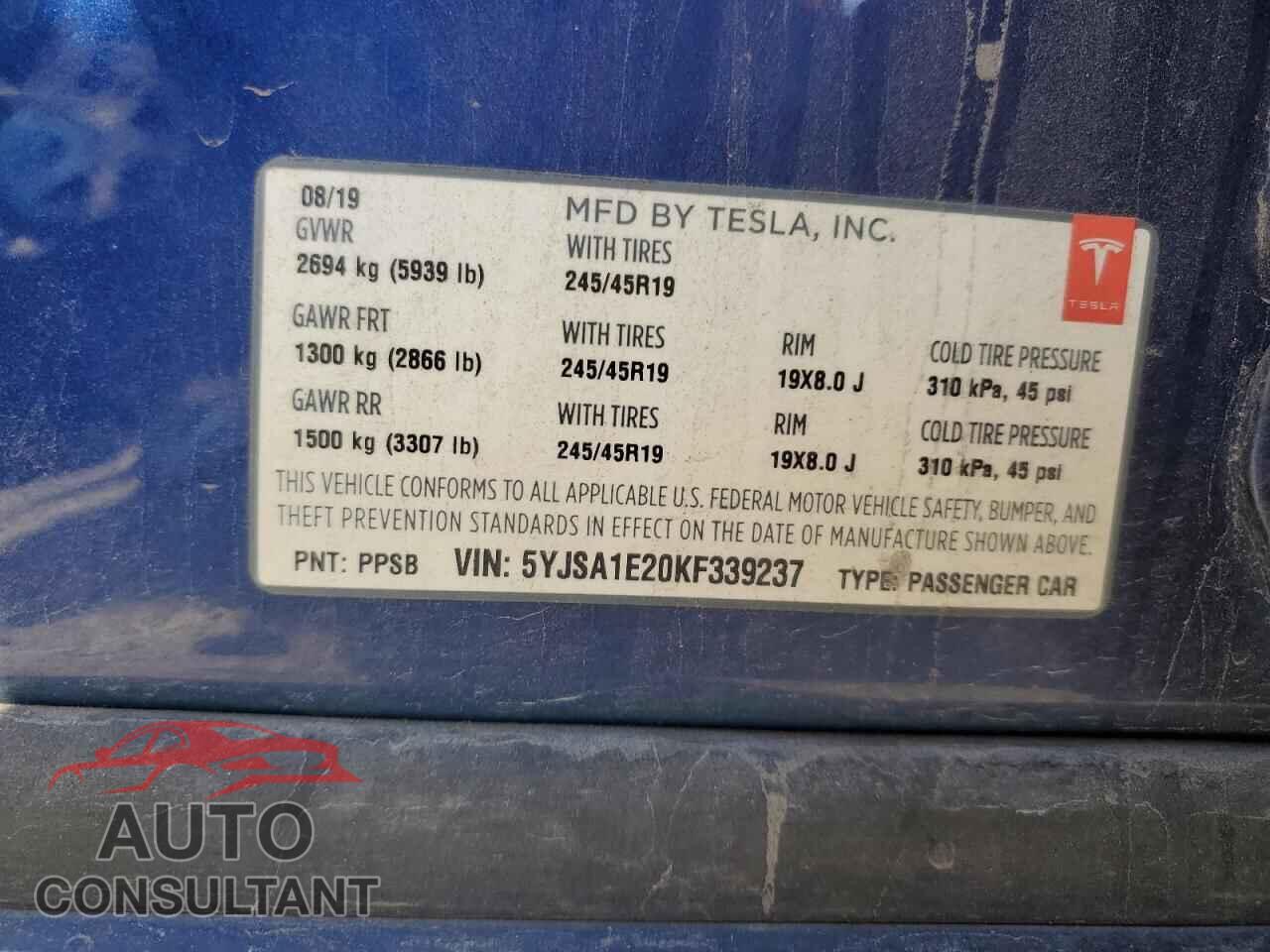 TESLA MODEL S 2019 - 5YJSA1E20KF339237