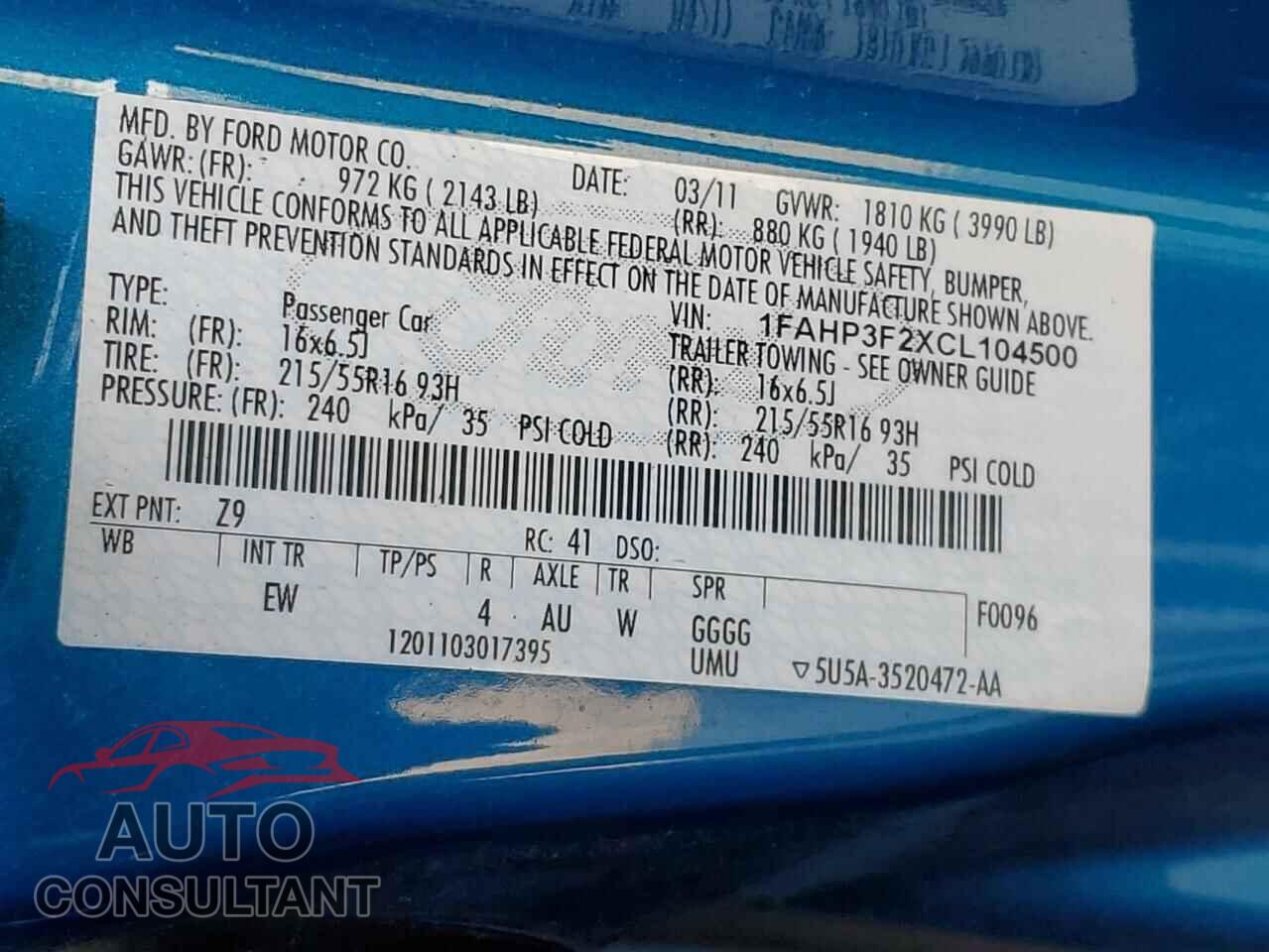 FORD FOCUS 2012 - 1FAHP3F2XCL104500