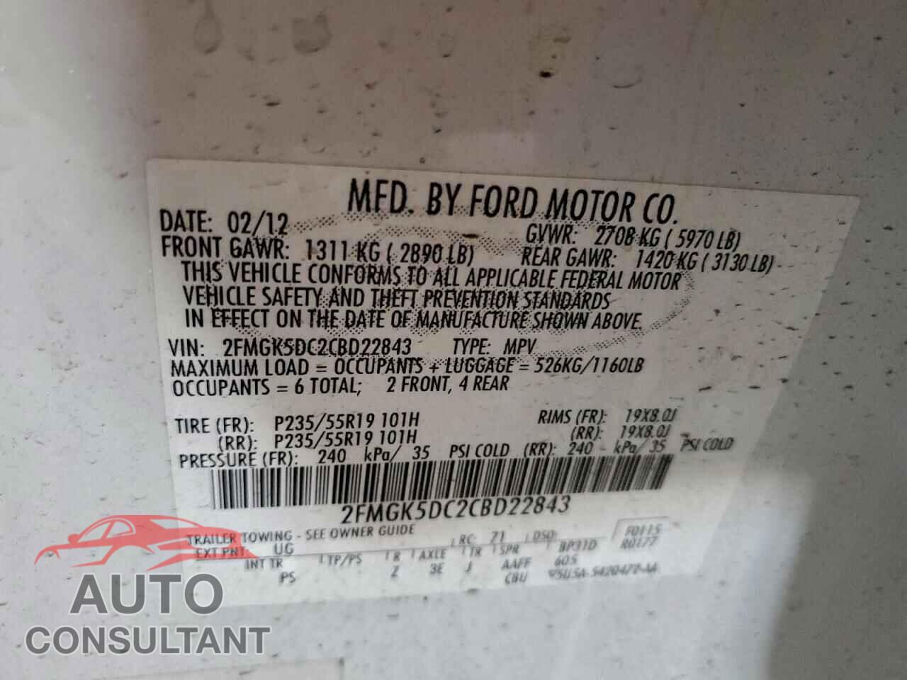 FORD FLEX 2012 - 2FMGK5DC2CBD22843