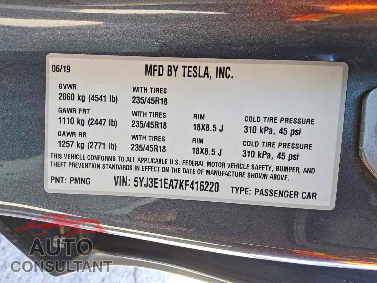 TESLA MODEL 3 2019 - 5YJ3E1EA7KF416220