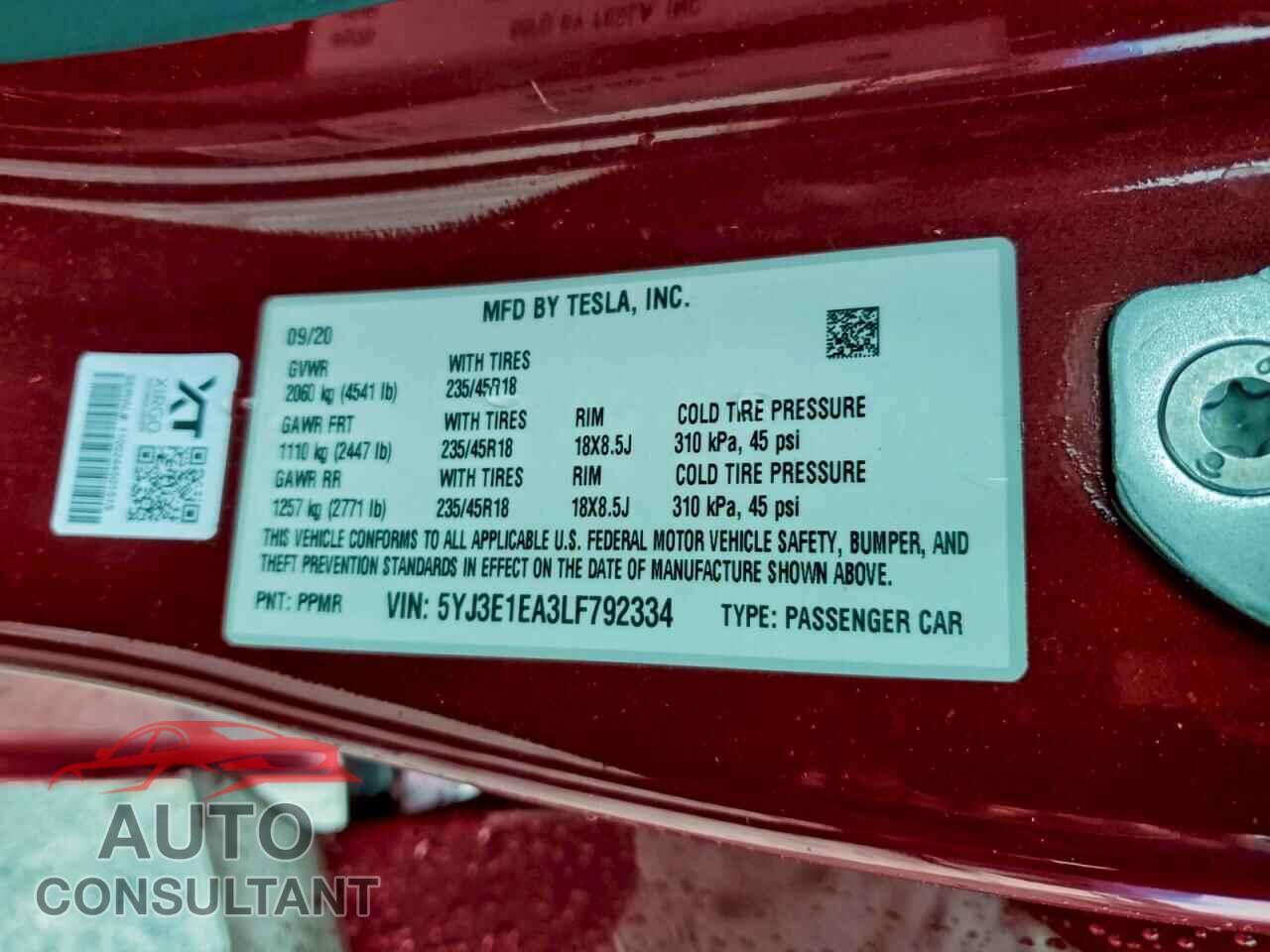 TESLA MODEL 3 2020 - 5YJ3E1EA3LF792334