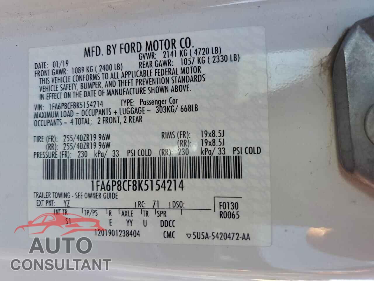 FORD MUSTANG 2019 - 1FA6P8CF8K5154214