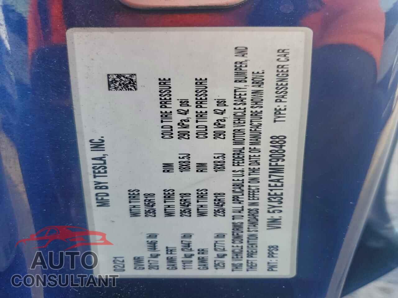 TESLA MODEL 3 2021 - 5YJ3E1EA7MF908488