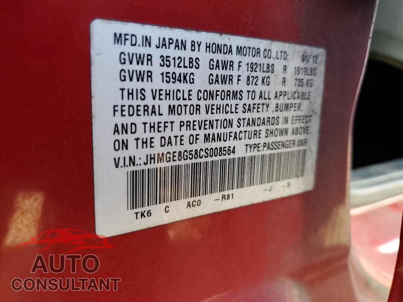 HONDA FIT 2012 - JHMGE8G58CS008564
